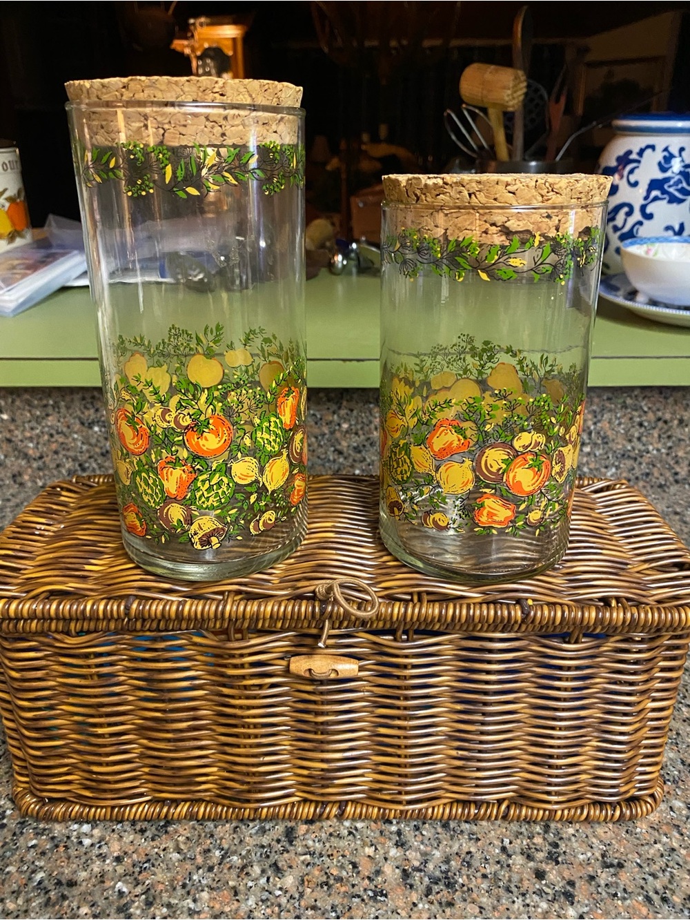 Vintage Spice of Life Glass Canister Set with Cork Lids Mushroom/Veggie Motif